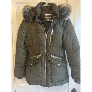 Quilted Coat Parka Moss Green with Faux Fur Trim Detachable Hood--Womens M
